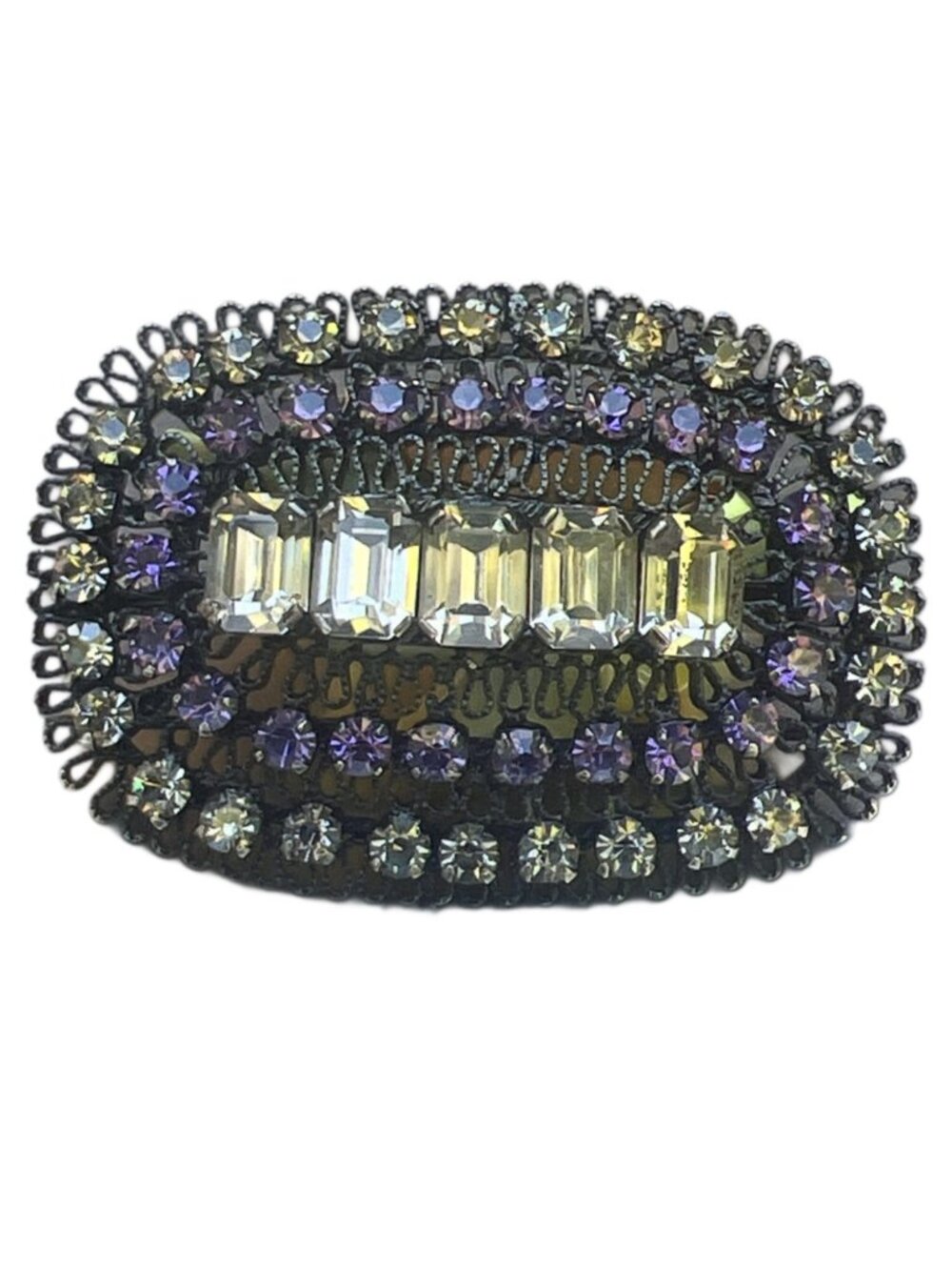 Vintage Rhinestone Rectangular Brooch With Purple & Clear Stones On Black Metal